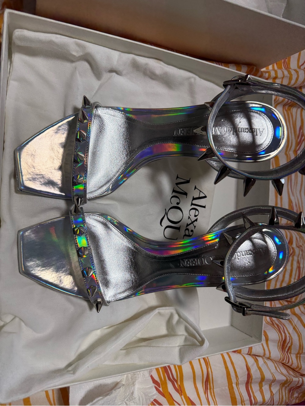 Alexander McQueen Holographic Silver Studded Ankle-Strap Heels
